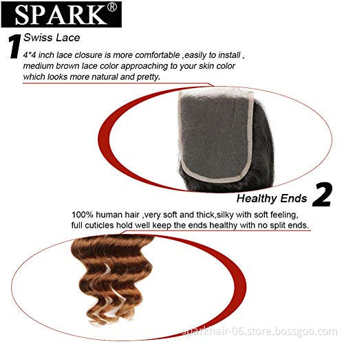 Spark 3 Tone Ombre Loose Deep Hair 3 Bundles with Closure 1b/4/30 Brazilian Virgin Human Hair Weave Bundles with Closure